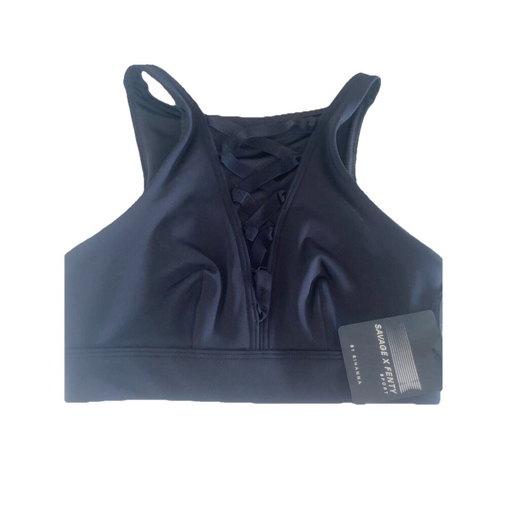 Savage X Fenty Rihanna Sports Bra XS Black Satin Lace Up New